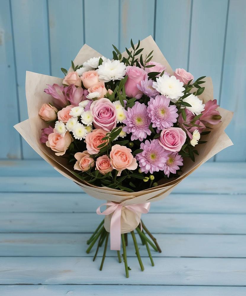 Букет цветов из: Хризантемы, Розы и Альстромерии в Зональной Станции