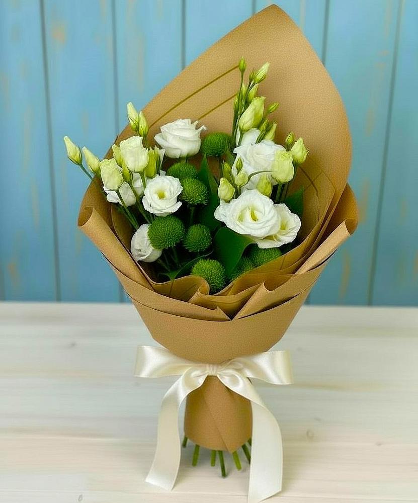 Букет цветов из: Хризантемы и Лизиантусы в Зональной Станции