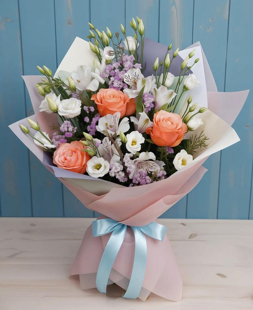 Букет цветов из: Лизиантусы, Розы, Альстромерии и Гипсофила в Зональной Станции