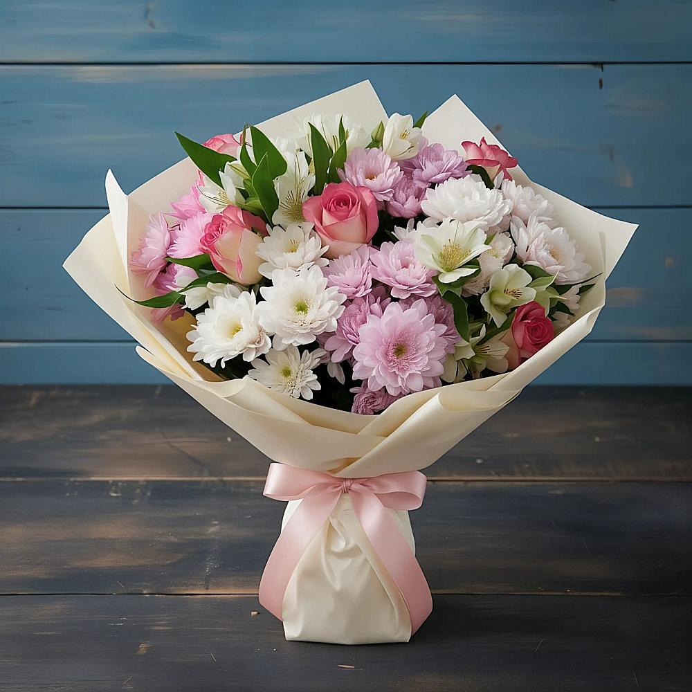 Букет цветов из: Хризантемы, Альстромерии и Розы в Зональной Станции